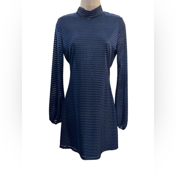 Lulus Ticket to Chic Navy Blue Striped Velvet Balloon Sleeve Dress - Picture 6 of 13
